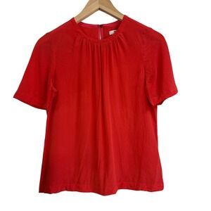 Madewell Women's Red Silk Short Sleeve Gathered Crew Neck Top Blouse XS